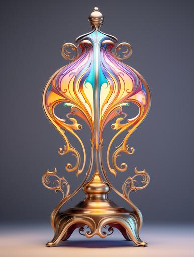 3d rendering of of Art Nouveau table lamp, in the style of cristina mcallister, elaborate engravings, miki asai, multicolored chrome, grzegorz domaradzki, fluid lines and curves, cute cartoonish designs, white background, --ar 3:4 --s 50
