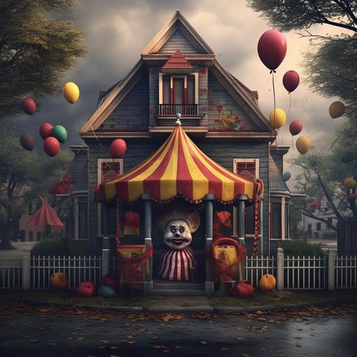 3d rendering of the front of house, haunted, circus, clowns, creepy, illustrated cartoon