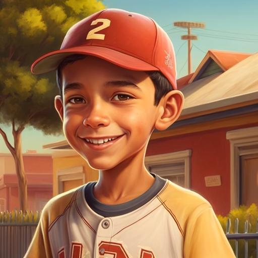 3d very realistic, lots of detail, eight year old boy, dark short hair, light golden eyes, playing baseball outdoors, laughing, Hispanic, american flag shirt, jeans, red tennis shoes, Christian baseball cap, insane detail, quality, cartoon, animation, amazing, good, ultra --v 4