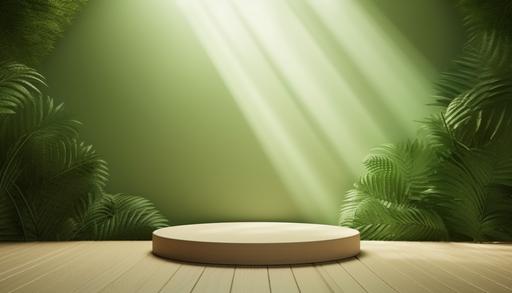 3d wood podium in forest, pastel green background, natural window sun shadow, realistic, minimalism --ar 7:4