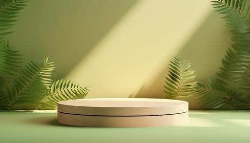 3d wood podium in forest, pastel green background, natural window sun shadow, realistic, minimalism --ar 7:4