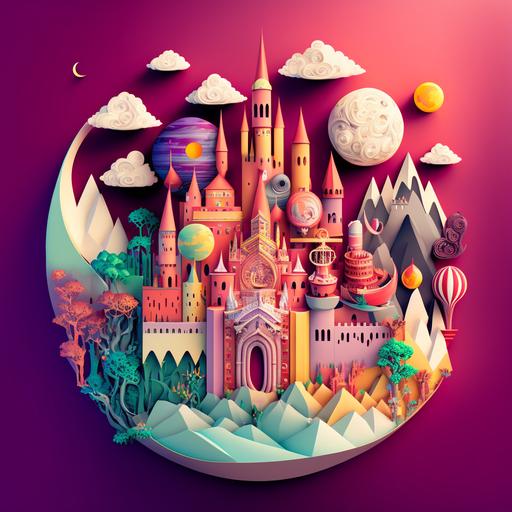 3d world made of stickers, castle, fairytale --v 4