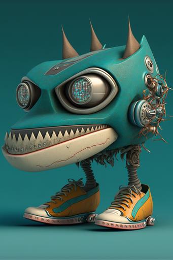 3dcg character, anthropomorphic character with sneakers and automobile fused together, mouth with opening, glittering eyes on heel,... octaine renderer ,8k --ar 2:3 --q 2 --v 4