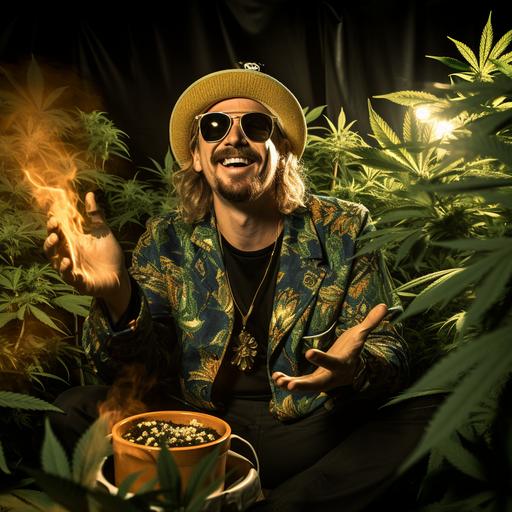 3ft tall man, stoner eyes and grin, blonde goatee, wearing a green fedora with gold pot leaf logo, green sports jacket with a gold pot leaf pattern, gold baggy pants, white shoes, sitting on a black cauldron of marijuana plants growing under a black cloud with the sun beaming through in the distance