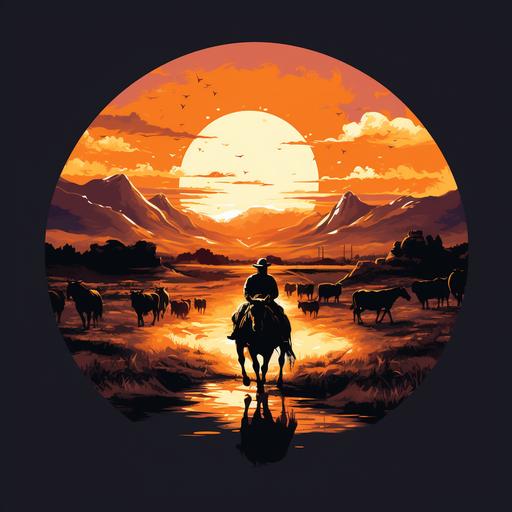 a lot of cows running away from a guy on a horse with a rope outside of his ranch house on a sunset tshirt vector design, transparent png and 300 dpi