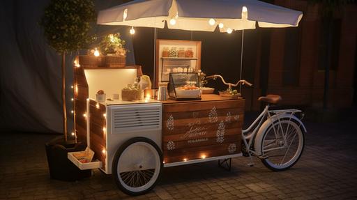 3wheels, bicycle coffee cart decorated with white lights on it, style made of cheese, linear delicacies, spanish school, happycore, rusticcore, website, cryptidcore, photo real, mobile cafe --ar 16:9 --v 5