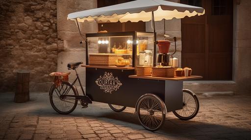 3wheels, bicycle coffee cart decorated with white lights on it, style made of cheese, linear delicacies, spanish school, happycore, rusticcore, website, cryptidcore, photo real, mobile cafe,Bright background, Italian streets --ar 16:9 --v 5