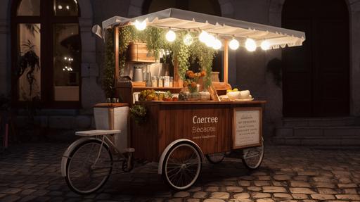 3wheels, bicycle coffee cart decorated with white lights on it, style made of cheese, linear delicacies, spanish school, happycore, rusticcore, website, cryptidcore, photo real, mobile cafe --ar 16:9 --v 5