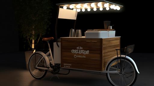 3wheels, bicycle coffee cart decorated with white lights on it, style made of cheese, linear delicacies, spanish school, happycore, rusticcore, website, cryptidcore, photo real, mobile cafe --ar 16:9 --v 5