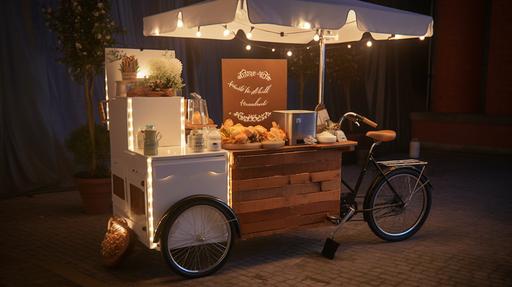 3wheels, bicycle coffee cart decorated with white lights on it, style made of cheese, linear delicacies, spanish school, happycore, rusticcore, website, cryptidcore, photo real, mobile cafe --ar 16:9 --v 5