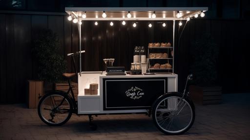 3wheels, bicycle coffee cart decorated with white lights on it, style made of cheese, linear delicacies, spanish school, happycore, rusticcore, website, cryptidcore, photo real, mobile cafe --ar 16:9 --v 5