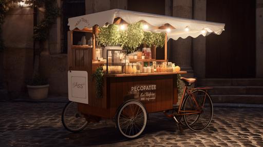 3wheels, bicycle coffee cart decorated with white lights on it, style made of cheese, linear delicacies, spanish school, happycore, rusticcore, website, cryptidcore, photo real, mobile cafe --ar 16:9 --v 5