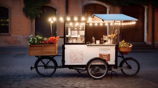 3wheels, ev bicycle coffee cart decorated with white lights on it, style made of cheese, linear delicacies, spanish school, happycore, rusticcore, website, cryptidcore, photo real, mobile cafephoto real, mobile cafe,Bright background, Italian streets --ar 16:9 --v 5