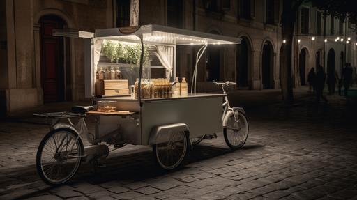 3wheels, ev bicycle coffee cart decorated with white lights on it, style made of cheese, linear delicacies, spanish school, happycore, rusticcore, website, cryptidcore, photo real, mobile cafephoto real, mobile cafe,Bright background, Italian streets --ar 16:9 --v 5