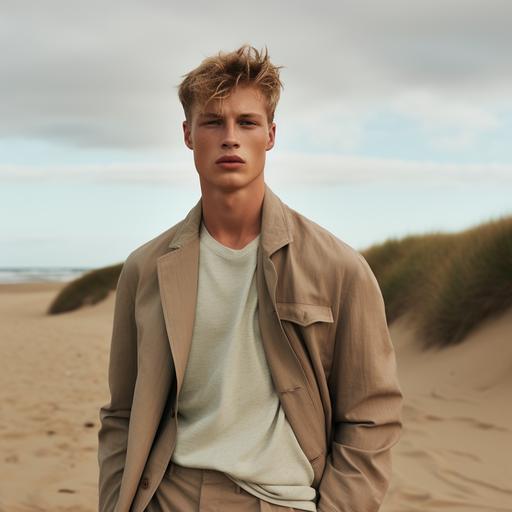 3x 27year old Male Models in the Scandinavian sea , with very short cut hair wearing short linen jacket in neutrals, sand, soft clay , pastel rust and sage green with solid linen dressed pant in sand, clay and soft rust . Look and feel cool minimal modern menswear brand, campaign calvin klein