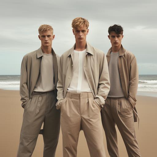 3x 27year old Male Models in the Scandinavian sea , with very short cut hair wearing short linen jacket in neutrals, sand, soft clay , pastel rust and sage green with solid linen dressed pant in sand, clay and soft rust . Look and feel cool minimal modern menswear brand, campaign calvin klein