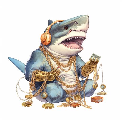 A shark with utters wearing headphones eating pizza wearing a gold dollar sign chain with earth inside of the shark because it ate the earth.