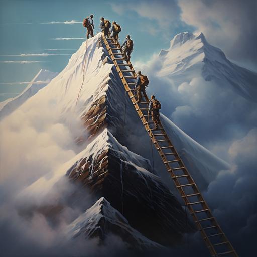 4 MEN ON A LADDER THAT IS ON THE SIDE OF THE MOUNTAIN. ONLY ONE MAN IS CLIMBING TO THE TOP OF THE LADDER