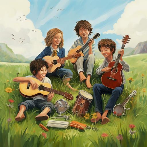 4 boys, aged 12, children's clothing, with beard or mustache, playing toy musical instruments, guitar, bass, drums and microphone, barefoot on grass, children's book style