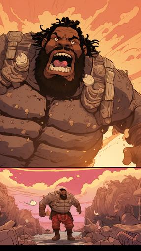 4 continous comic panels of a fat black man with armor on fighting a giant humanoid mammoth, epic, cartoon, hannah barbera style --ar 9:16 --s 200 --v 5.2