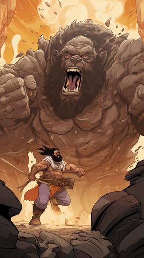 4 continous comic panels of a fat black man with armor on fighting a giant humanoid mammoth, epic, cartoon, hannah barbera style --ar 9:16 --s 200 --v 5.2