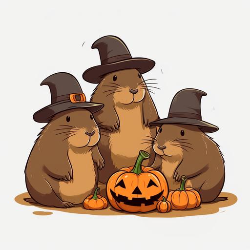 4 cute capybaras wearing witch hats and sitting next to pumpkins, comic drawn style, no transparent background, no background, ultra hd --v 5.0