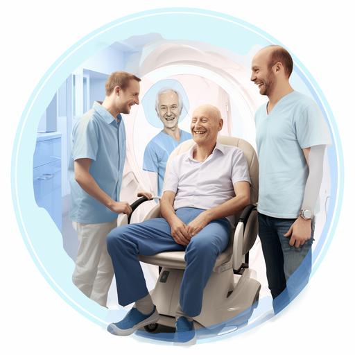 4, doctors over a 100 year old Jewish patient, conforting him with smiles. The patiant is very skinny, male without hair, wearing glasses, smiling, sited in wheelchair. The sceen is in a modern hospital with MRI supermodern scanners in white and light blue colors.