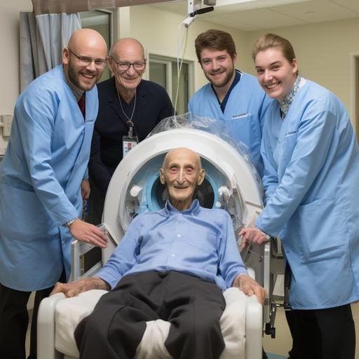 4, doctors over a 100 year old Jewish patient, conforting him with smiles. The patiant is very skinny, male without hair, wearing glasses, smiling, sited in wheelchair. The sceen is in a modern hospital with MRI supermodern scanners in white and light blue colors.