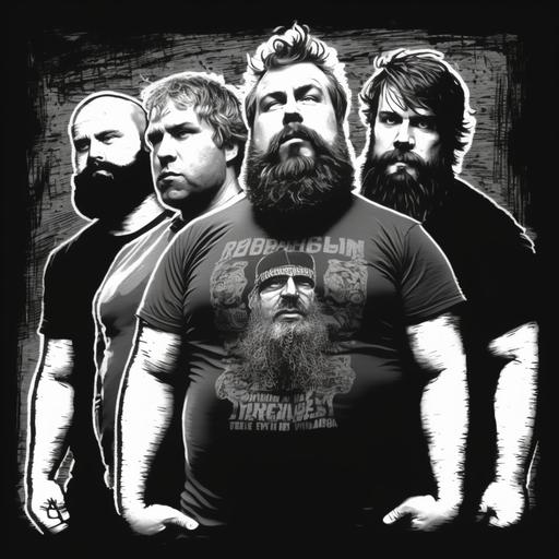 4 fat guys with beards in a rock band. Black and white