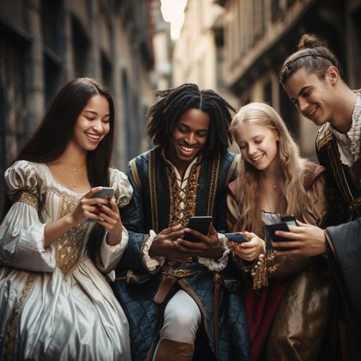 4 friends in modern clothes in their 20s, 1 black girl, 1 white blond girl 1 asian boy, 1 white boy, laughing, with their smartphones. they are in a street in medieval times in Paris