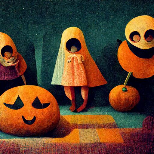 4 girl friends hanging out and having fun in a halloween party, with a baby dressed in pumpkin costume, surreal, fun vibe