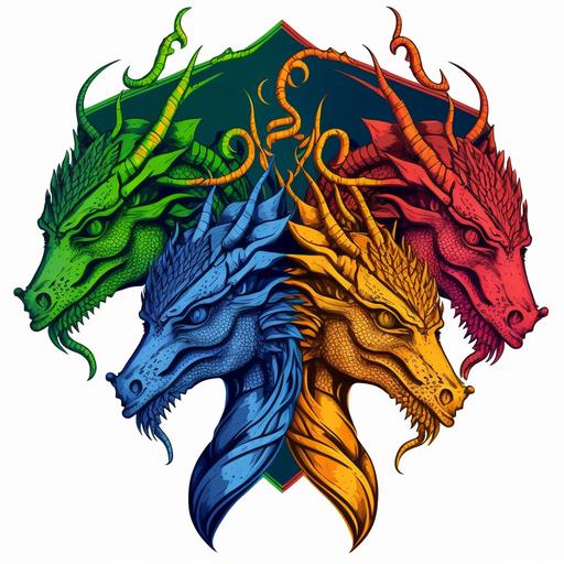 4-headed Dragon Trinity logo, royal blue head, orange head, green head, pink head