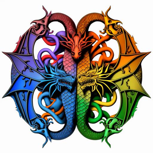 4-headed Dragon Trinity logo, royal blue orange green pink