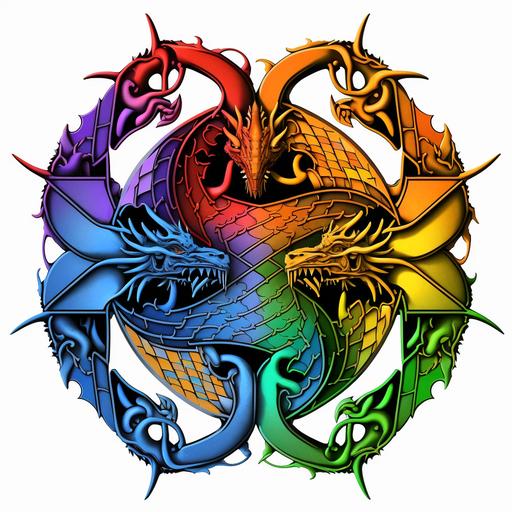 4-headed Dragon Trinity logo, royal blue orange green pink