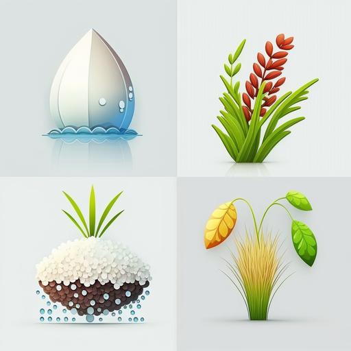 4 icons from white background, cartoon design, rice plant