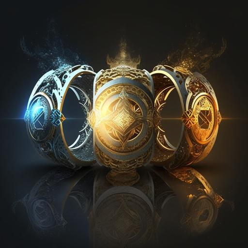 4 levels of evolution of solomon ring, holy relic, white and gold, abstract background, Cinematic glowing, Fantasy Art Style