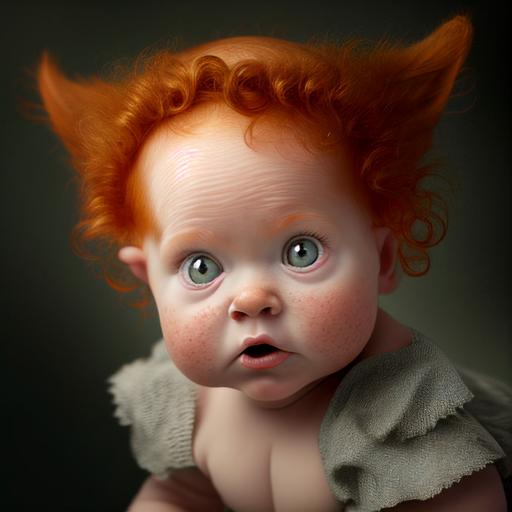 4 month old baby girl with curly red hair, fox ears emerging from head, fox nose, fox teeth