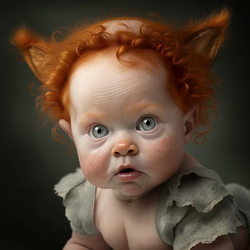 4 month old baby girl with curly red hair, fox ears emerging from head, fox nose, fox teeth