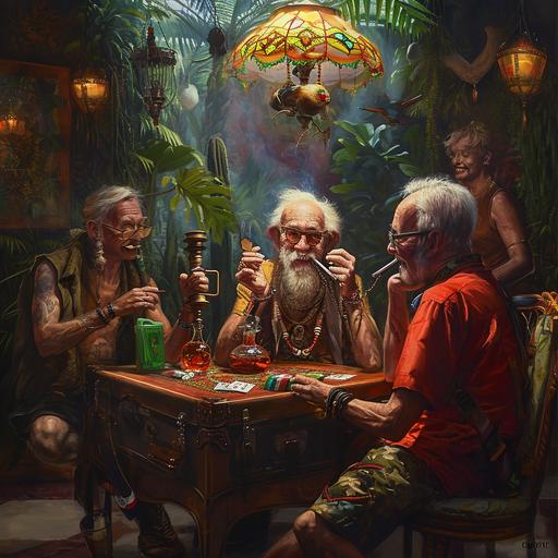 4 of an old man, wearing suitcases, setting around a table playing ace cards, smoking hookah, inside a hookah lounge, very happy, very realistic, high resolution, funny image --v 6.0