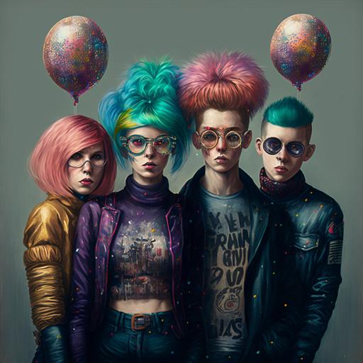 4 owlhuman antrophomorph teenagers with punk colourful haircuts celebrating new years eve balloons champagne glasses bell music fireworks futuristic vintage steampunk --v 4