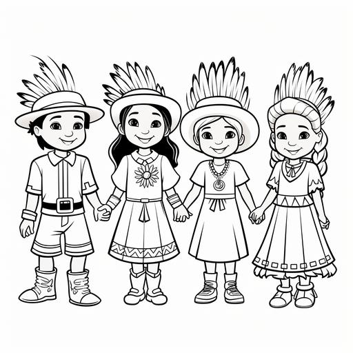 4 pilgrim boys and girls holding hands with pilgrim hats and indians feathers with happy faces coloring page, white page, no shading, no grey, thick lines