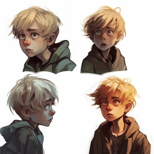 4 sketches of a young blond boy in differents mouvements, ground level, illustration, comics style, cartoon,horror ambiance