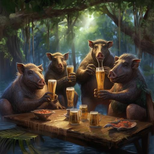 4 wild boars with tusks drinking beer in a brewery, in a jungle setting, inside a floating island--ar 16:9