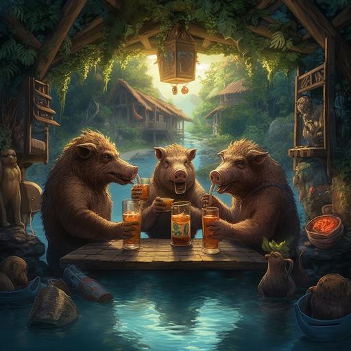 4 wild boars with tusks drinking beer in a brewery, in a jungle setting, inside a floating island--ar 16:9