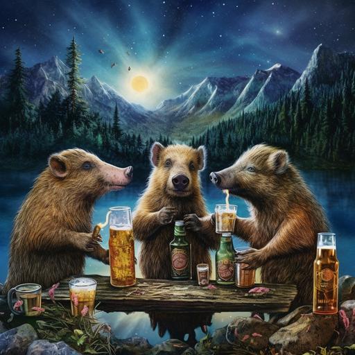 4 wild boars with tusks drinking beer on an island floating in space--ar 16:9