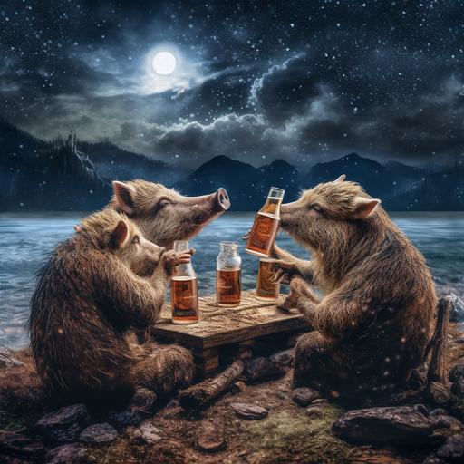4 wild boars with tusks drinking beer on an island floating in space--ar 16:9