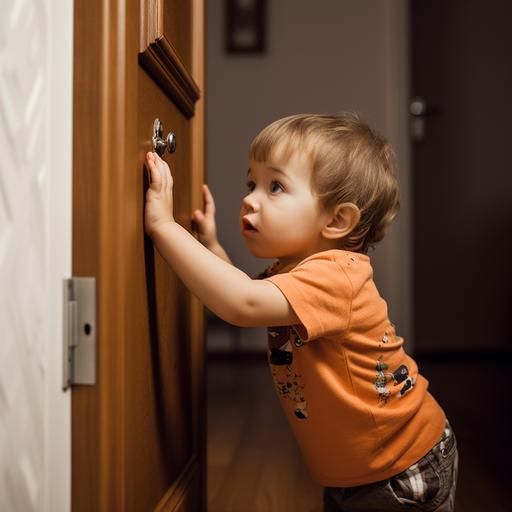 4 year old boy knocking opn a door