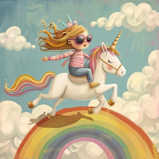 4 year old girl, with golden hair, riding a unicorn on a rainbow --style raw --s 50