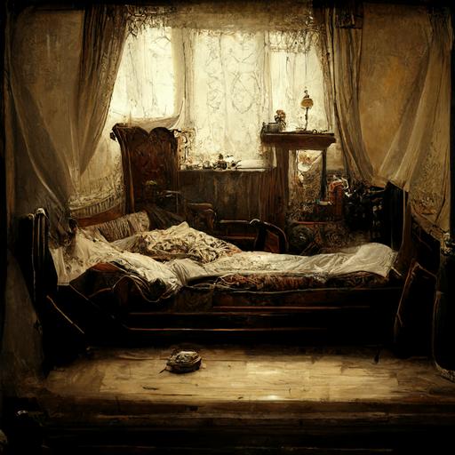 40 year old female detective lying on the bed :: cell phone lying on the bedside table next to the woman ::n3 inside of old victorian style bedroom