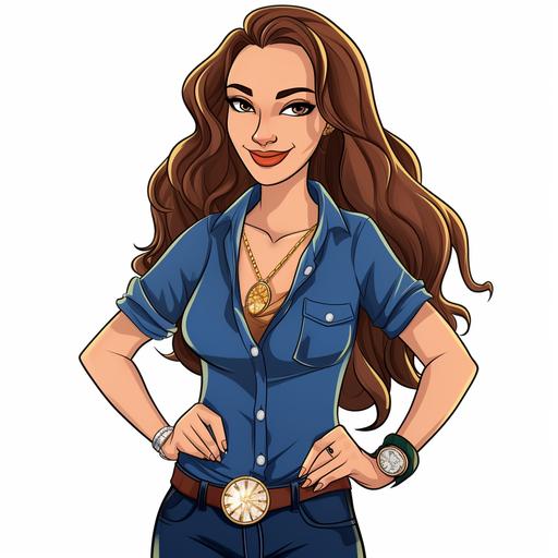 40 year old female, fair skinned Cuban, cartoon character with long curly brown hair and blonde highlights, she's wearing blue jeans, a black v neck shirt, shiny gold and diamond necklace, nice watch, and shiny diamond earings --v 5 --s 50